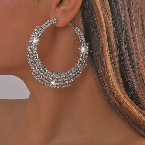 Large Rhinestone Hoop Earrings Big Round Circle Earrings Tassel Chain Dangle Earrings Statement Earrings for Women Girls（Gold） in Saudi Arabia