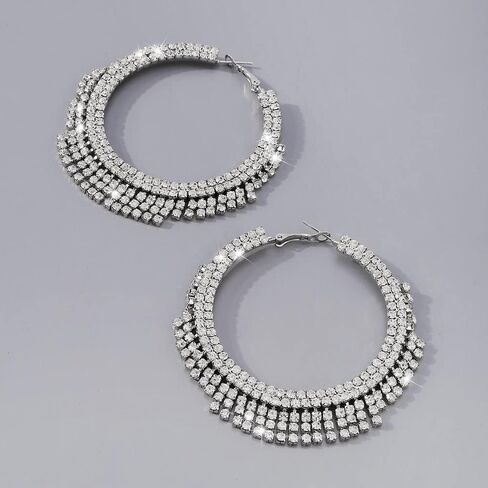 Large Rhinestone Hoop Earrings Big Round Circle Earrings Tassel Chain Dangle Earrings Statement Earrings for Women Girls（Gold） in Saudi Arabia