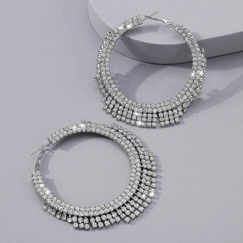 Large Rhinestone Hoop Earrings Big Round Circle Earrings Tassel Chain Dangle Earrings Statement Earrings for Women Girls（Gold） in Saudi Arabia