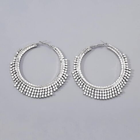 Large Rhinestone Hoop Earrings Big Round Circle Earrings Tassel Chain Dangle Earrings Statement Earrings for Women Girls（Gold） in Saudi Arabia