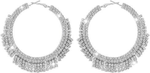 Large Rhinestone Hoop Earrings Big Round Circle Earrings Tassel Chain Dangle Earrings Statement Earrings for Women Girls（Gold） in Saudi Arabia