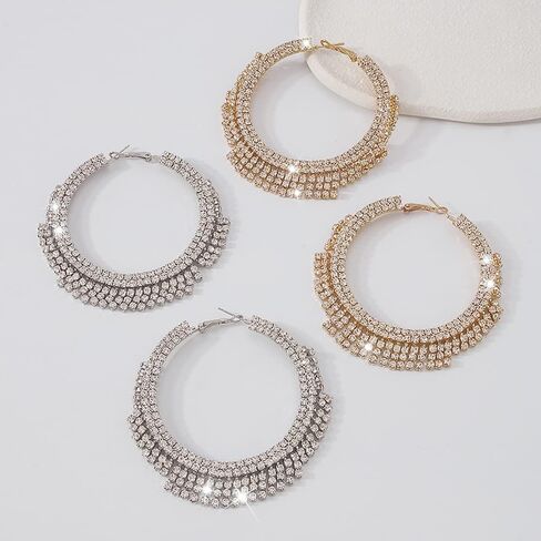 Large Rhinestone Hoop Earrings Big Round Circle Earrings Tassel Chain Dangle Earrings Statement Earrings for Women Girls（Gold） in Saudi Arabia