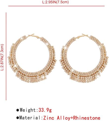 Large Rhinestone Hoop Earrings Big Round Circle Earrings Tassel Chain Dangle Earrings Statement Earrings for Women Girls（Gold） in Saudi Arabia