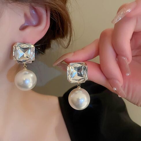 Vcagirest Dainty Diamond Square Pearl Earrings Pearl Dangle Drop Stud Earrings for Women Bridal Earrings for Wedding Prom in Kuwait