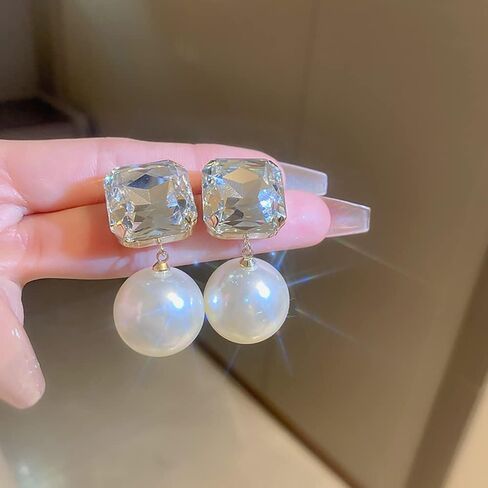 Vcagirest Dainty Diamond Square Pearl Earrings Pearl Dangle Drop Stud Earrings for Women Bridal Earrings for Wedding Prom in Kuwait