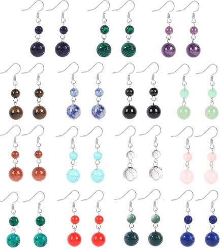 FINZOR 15 Pairs Natural Stone Earrings Dangle Earrings for Women Chakra Healing Crystal Earrings Colorful Beaded Earrings Lightweight Birthday Gifts for Women in Kuwait