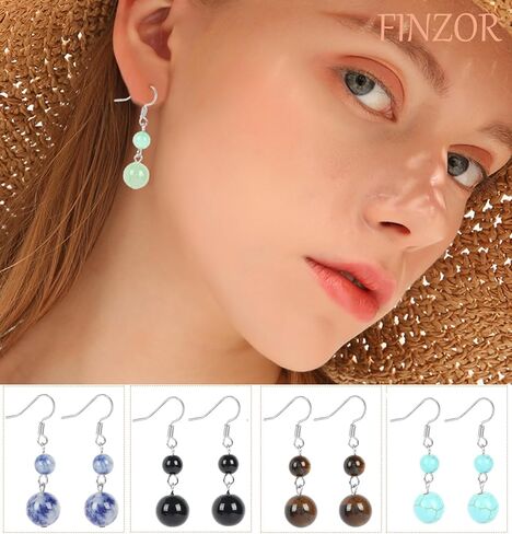 FINZOR 15 Pairs Natural Stone Earrings Dangle Earrings for Women Chakra Healing Crystal Earrings Colorful Beaded Earrings Lightweight Birthday Gifts for Women in Kuwait