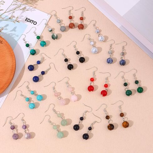 FINZOR 15 Pairs Natural Stone Earrings Dangle Earrings for Women Chakra Healing Crystal Earrings Colorful Beaded Earrings Lightweight Birthday Gifts for Women in Kuwait