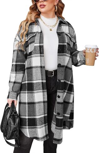 IN'VOLAND Womens Plus Size Flannel Plaid Shirts Long Sleeve Lounge Lapel Boyfriend Button Down Tartan Long Jacket Coats in Kuwait