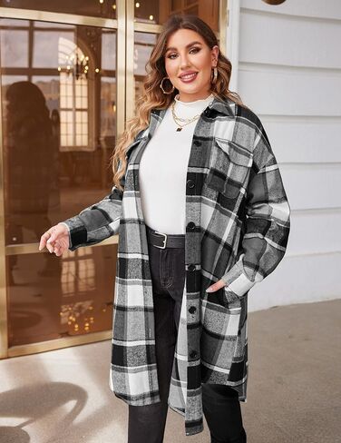 IN'VOLAND Womens Plus Size Flannel Plaid Shirts Long Sleeve Lounge Lapel Boyfriend Button Down Tartan Long Jacket Coats in Kuwait