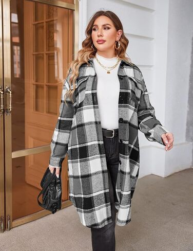 IN'VOLAND Womens Plus Size Flannel Plaid Shirts Long Sleeve Lounge Lapel Boyfriend Button Down Tartan Long Jacket Coats in Kuwait