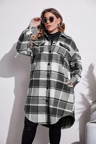 IN'VOLAND Womens Plus Size Flannel Plaid Shirts Long Sleeve Lounge Lapel Boyfriend Button Down Tartan Long Jacket Coats in Kuwait