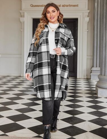 IN'VOLAND Womens Plus Size Flannel Plaid Shirts Long Sleeve Lounge Lapel Boyfriend Button Down Tartan Long Jacket Coats in Kuwait