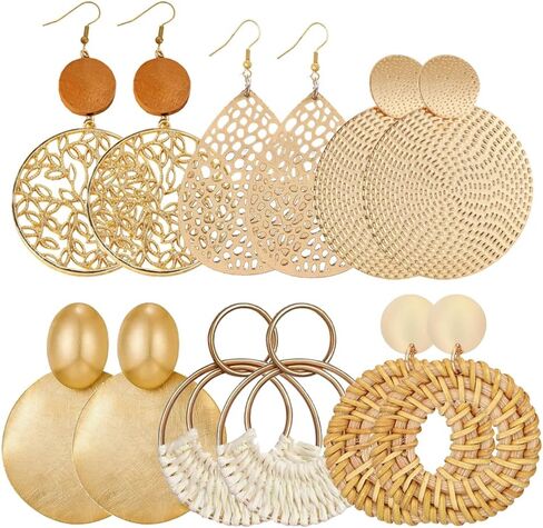 6 أزواج من الأقراط الخشبية الدائرية العتيقة ذات الشكل الهندسي الدائري من بوهو، أقراط دائرية مجوفة من الروطان مصنوعة يدويًا، مجوهرات كبيرة خفيفة الوزن مناسبة للنساء والفتيات in Kuwait