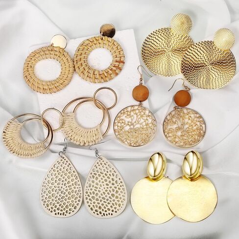 6 أزواج من الأقراط الخشبية الدائرية العتيقة ذات الشكل الهندسي الدائري من بوهو، أقراط دائرية مجوفة من الروطان مصنوعة يدويًا، مجوهرات كبيرة خفيفة الوزن مناسبة للنساء والفتيات in Kuwait