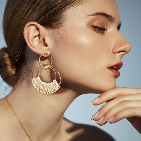 6 أزواج من الأقراط الخشبية الدائرية العتيقة ذات الشكل الهندسي الدائري من بوهو، أقراط دائرية مجوفة من الروطان مصنوعة يدويًا، مجوهرات كبيرة خفيفة الوزن مناسبة للنساء والفتيات in Kuwait