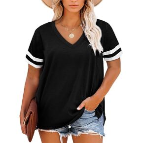Gloria&Sarah Womens Plus Size Tops V Neck T Shirt Color Block Short Sleeve Casual Tunic Tops