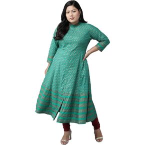 Yash Gallery Women's Green Cotton Floral Printed Anarkali kurta