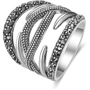 Aprilery خواتم سوداء للنساء، أزياء خمر وعد الزفاف بيان خواتم الفرقة Marcasite حجر كوكتيل زي مجوهرات هيبوالرجينيك للنساء هدايا لها in Kuwait