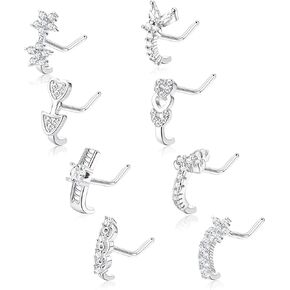 Sanfenly 8Pcs 18G Nose Ring Studs Surgical Steel CZ Heart Butterfly Flower Nose Rings L Shaped Nostrial Piercing Jewelry for Women Men Sliver Gold Rose Gold