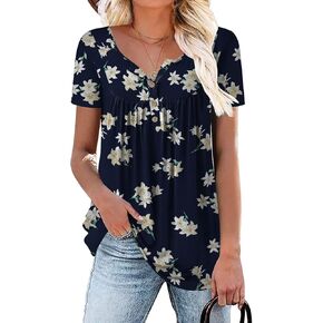 Aodemo Women's 2024 Summer Henley V Neck Button Up Tunic Ladies Loose Fit Tops Flowy Short Sleeve/Sleeveless Blouse