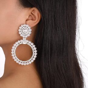 Pearl Hoop Earrings Big Circle Dangle Drop Earrings Rhinestone Round Stud Earrings Statement Pearl Earrings for Women Girls