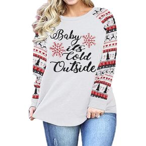 Plus Size Baby It's Cold Outside Christmas T Shirt Women's Plaid Splicing Long Raglan Tops Blouses