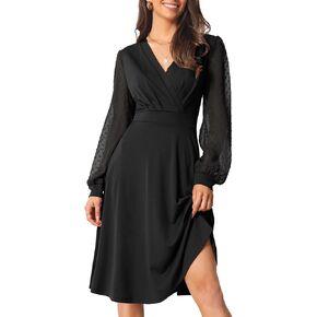 Seta T Women's Long Sleeve Swiss Dots 2024 Wrap V Neck Knee Length Casual Dress in Saudi Arabia
