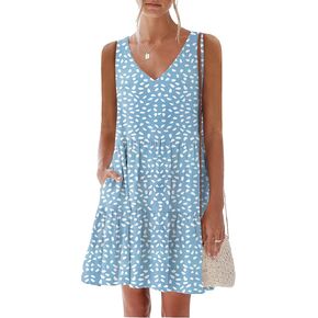 nclook Women's Summer Casual Dress Sweet & Cute V-Neck Mini Dress with Pocket Sleeveless Dress