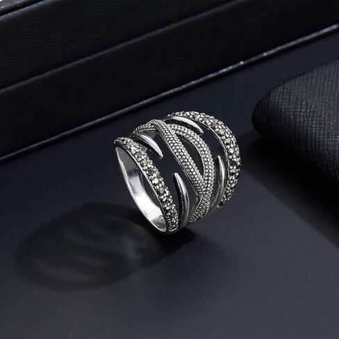 Aprilery خواتم سوداء للنساء، أزياء خمر وعد الزفاف بيان خواتم الفرقة Marcasite حجر كوكتيل زي مجوهرات هيبوالرجينيك للنساء هدايا لها in Kuwait