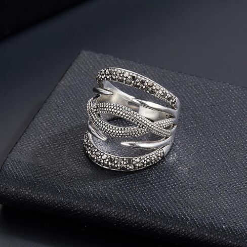 Aprilery خواتم سوداء للنساء، أزياء خمر وعد الزفاف بيان خواتم الفرقة Marcasite حجر كوكتيل زي مجوهرات هيبوالرجينيك للنساء هدايا لها in Kuwait