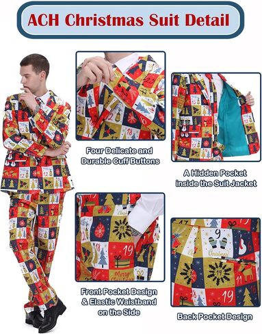 ACH Christmas Suit for Men Party Costume Adult in Different Prints 3PCS Ugly Funny Men’s Jacket Outfit Cosplay with Tie Pants in Kuwait