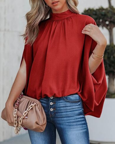 بلوزات حريرية من الساتان Chigant للنساء قمصان دولمان ذات رقبة وهمية وأكمام قصيرة ذات ثنيات كبيرة الحجم سترة صيفية عالية ومنخفضة in Kuwait