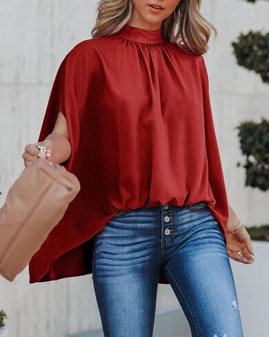 بلوزات حريرية من الساتان Chigant للنساء قمصان دولمان ذات رقبة وهمية وأكمام قصيرة ذات ثنيات كبيرة الحجم سترة صيفية عالية ومنخفضة in Kuwait