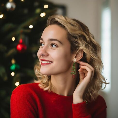 LILIE&WHITE أقراط عيد الميلاد للنساء شجرة عيد الميلاد أقراط متدلية مع حجر الراين الملون بريق القوس عقدة لمبة الضوء الملونة جلجل جرس القرط عطلة عيد الميلاد Gif in Kuwait