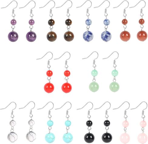 موزاكا 10 ازواج من الاقراط من الحجر الطبيعي للنساء، مجموعة اقراط متدلية من الكريستال العلاجي، اقراط متدلية من الاحجار الكريمة، مجوهرات هدية للنساء in Kuwait