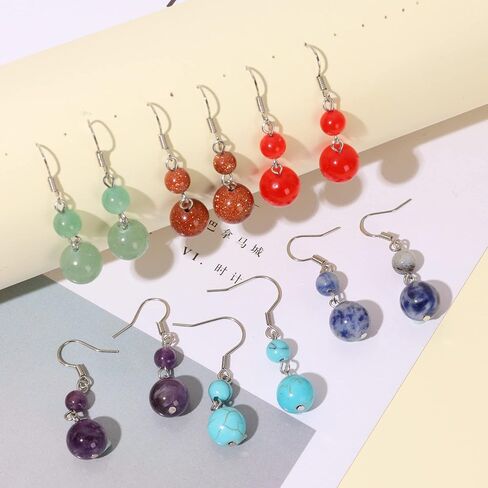 موزاكا 10 ازواج من الاقراط من الحجر الطبيعي للنساء، مجموعة اقراط متدلية من الكريستال العلاجي، اقراط متدلية من الاحجار الكريمة، مجوهرات هدية للنساء in Kuwait