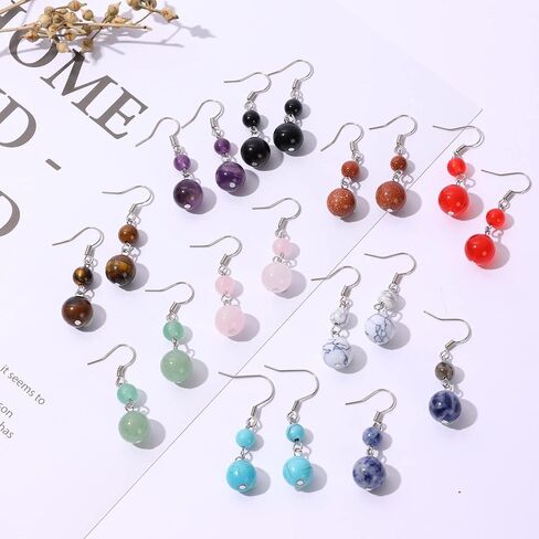 موزاكا 10 ازواج من الاقراط من الحجر الطبيعي للنساء، مجموعة اقراط متدلية من الكريستال العلاجي، اقراط متدلية من الاحجار الكريمة، مجوهرات هدية للنساء in Kuwait