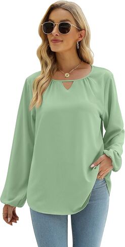 Saloogoe Keyhole Blouses for Women Long Sleeve Dressy Tops Busniess Casual in Kuwait