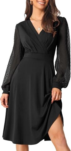 Seta T Women's Long Sleeve Swiss Dots 2024 Wrap V Neck Knee Length Casual Dress in Kuwait