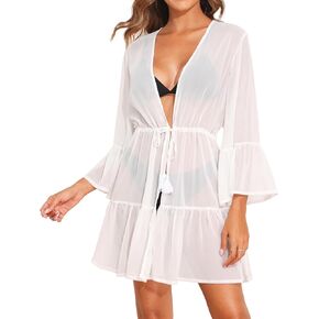 Yonique Kimono Swimsuit Cover Ups for Women Ruffles Beach Cover Long Sleeve Coverups