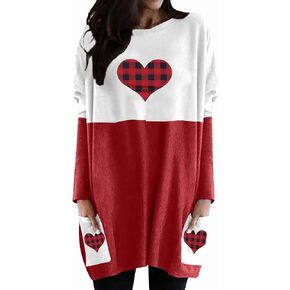 MOUSYA Valentine's Day Dress Shirt Women Love Heart Graphic Tops Color Block Plus Size Sweatshirt with Pockets