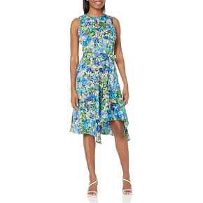 London Times Women's Petite Jewel Neck Keyhole Asymmetrical Hanky Hem Dress Guest of Wedding Church Easter Brunch