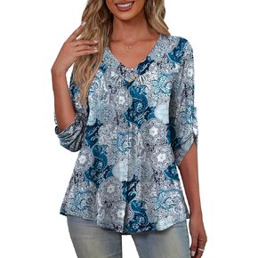FOLUNSI Womens Plus Size 3/4 Roll Sleeve Blouses V Neck Casual Tunic Tops in Kuwait