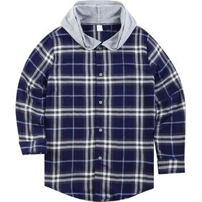 HOOGRIN Unisex Kids Flannel Plaid Shirts Boy Girl Button Down Long Sleeve Shirt with Hood 5-12Years