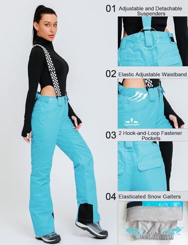 سراويل HOUZONIY النسائية للثلج معزولة مقاومة للماء، سراويل تزلج مع حمالات قابلة للفصل للتزلج والتزلج على الجليد والتزلج على الجليد in Kuwait