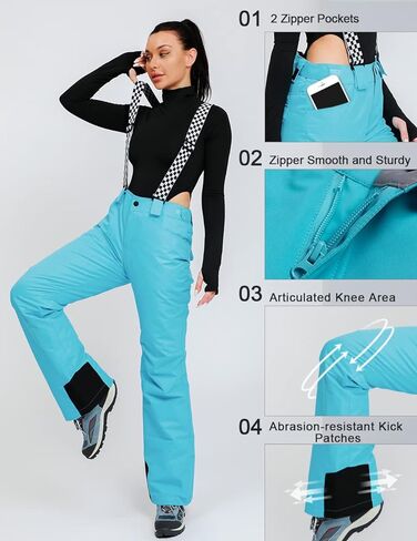 سراويل HOUZONIY النسائية للثلج معزولة مقاومة للماء، سراويل تزلج مع حمالات قابلة للفصل للتزلج والتزلج على الجليد والتزلج على الجليد in Kuwait