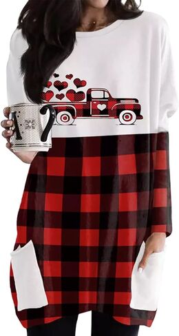 MOUSYA Valentine's Day Dress Shirt Women Love Heart Graphic Tops Color Block Plus Size Sweatshirt with Pockets in Kuwait