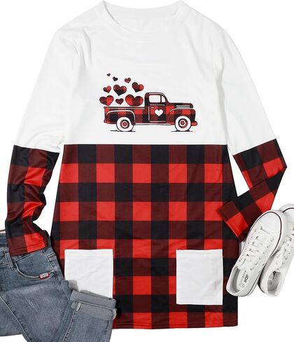 MOUSYA Valentine's Day Dress Shirt Women Love Heart Graphic Tops Color Block Plus Size Sweatshirt with Pockets in Kuwait