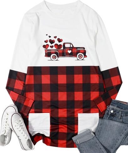 MOUSYA Valentine's Day Dress Shirt Women Love Heart Graphic Tops Color Block Plus Size Sweatshirt with Pockets in Kuwait